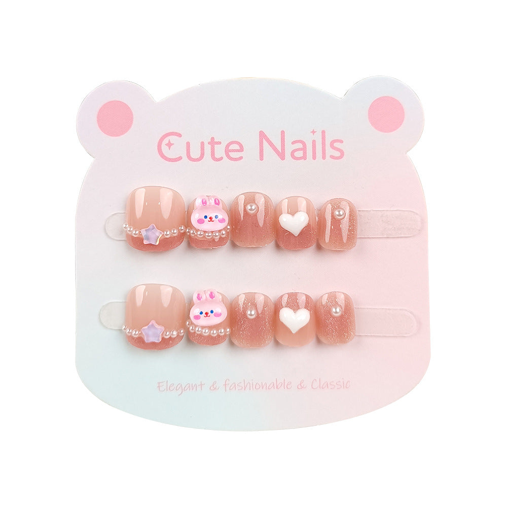 3D pink rabbit cat eye children wearing armor, three-dimensional love pearl nail patch, 10 cute fake nails for girls