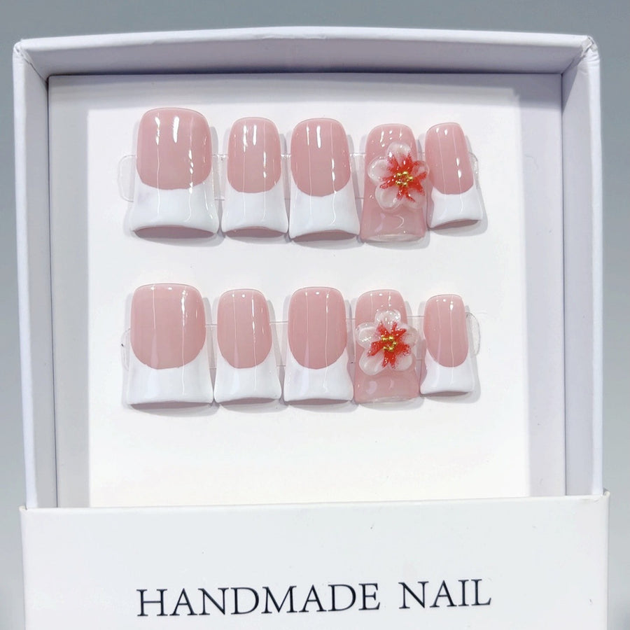 Pure Desire Bloom: "Crimson Sakura" – Short Square Press-On Nails
