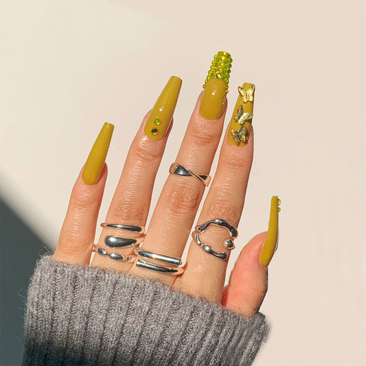 Mustard Yellow Full Diamond Wear Nail Butterfly Nail Art French Nail Patch Whitening Nail Art Patch Wear Nail Art Wholesale｜365nails