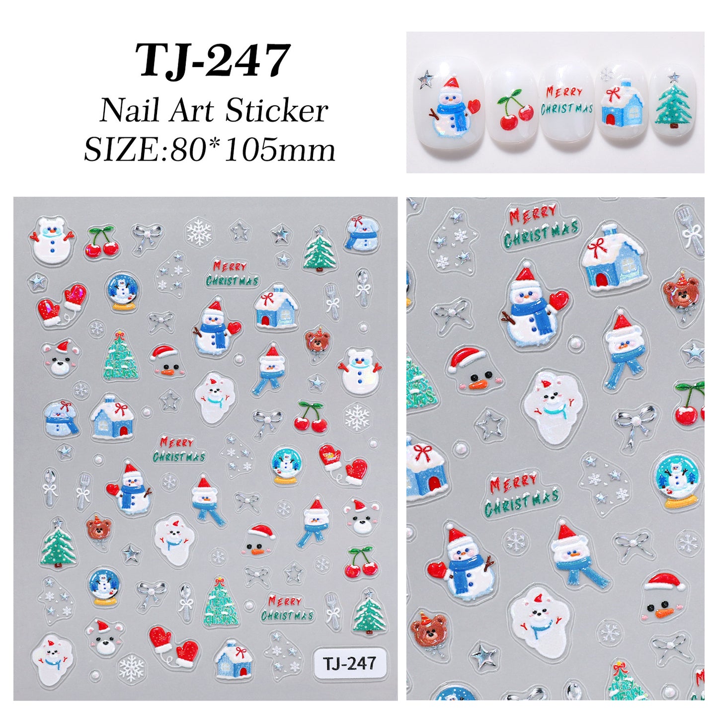 Happy Christmas Nail Art Sticker 5D Embossed Three-dimensional Snowman Christmas Bear DIY Nail Sticker Ornament TJ