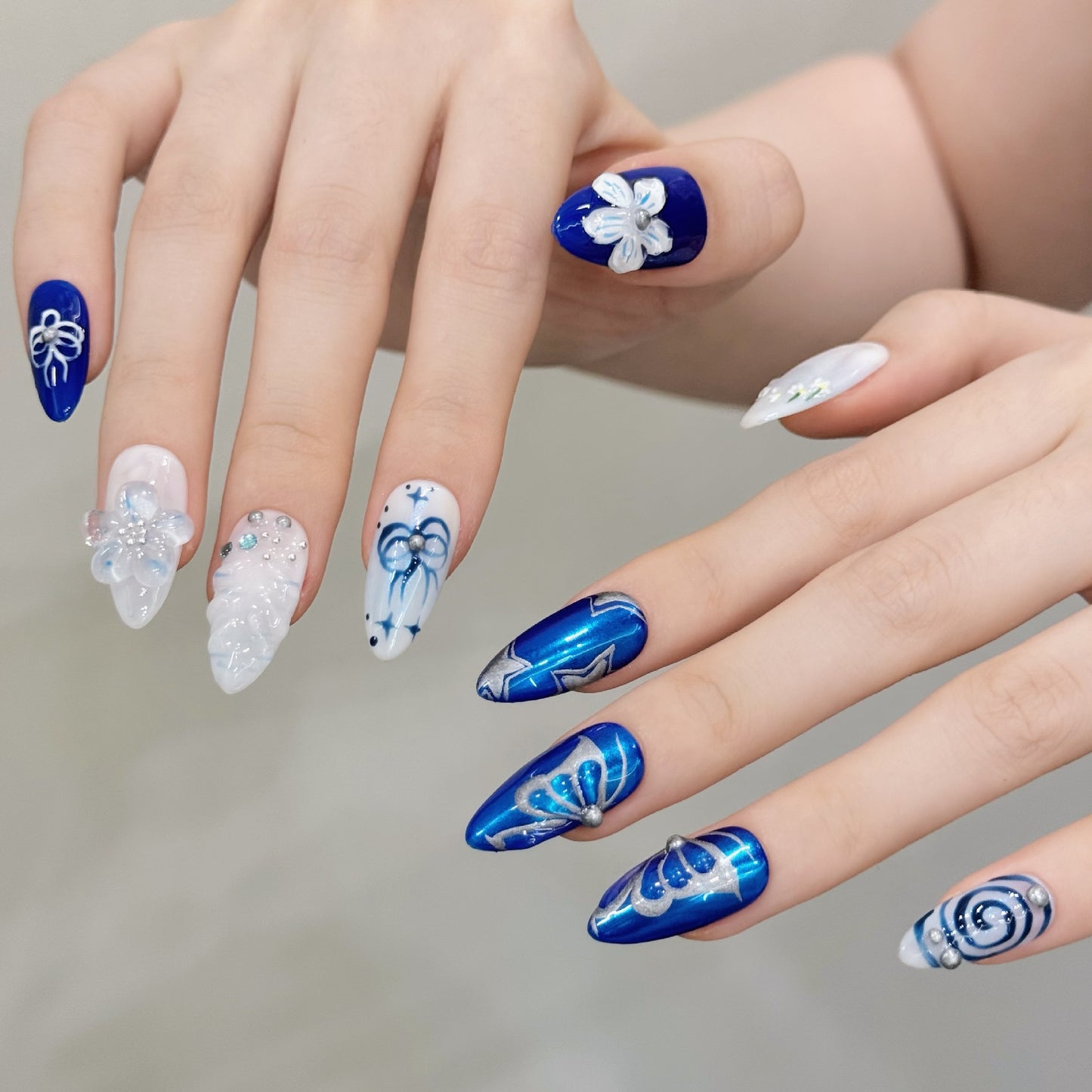 Blue Ribbon Floral Sparkle Press On Nails