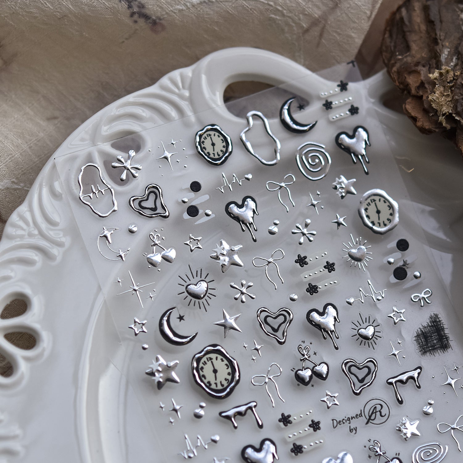 Silver Metallic Drip Heart Nail Stickers – Celestial Star Moon Clock Set