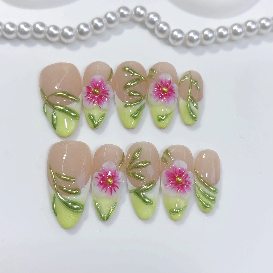 Floraison printanière : "Fleur rose et vigne" – mi-long forme amande fait main ongles press-on