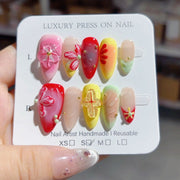 365nails-Tropical Bloom: "Vibrant Flower Starfish" – Almond Shape Handmade 3D Carved Press-On Nails