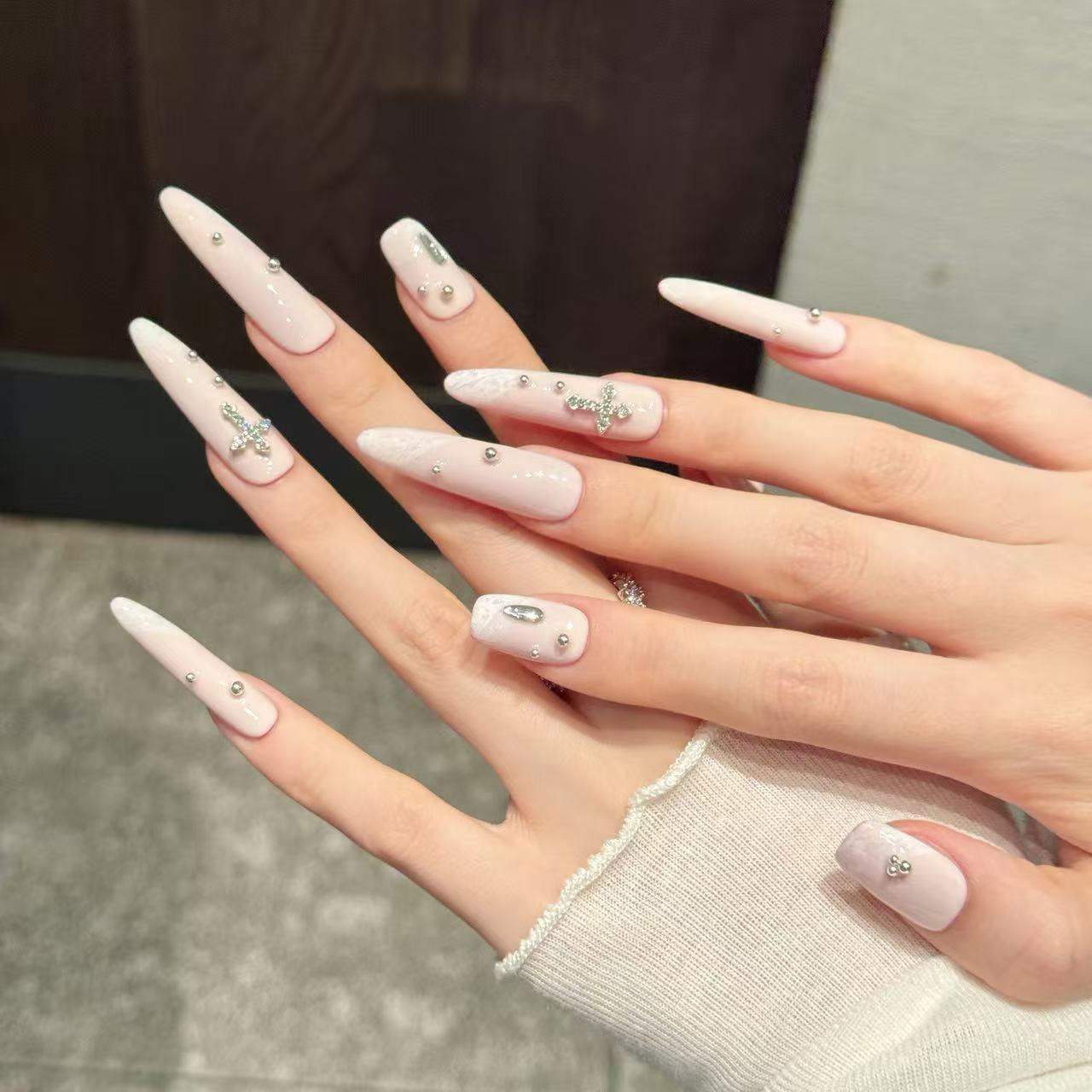 Elegant Pink Crystal Cross Glam Nails
