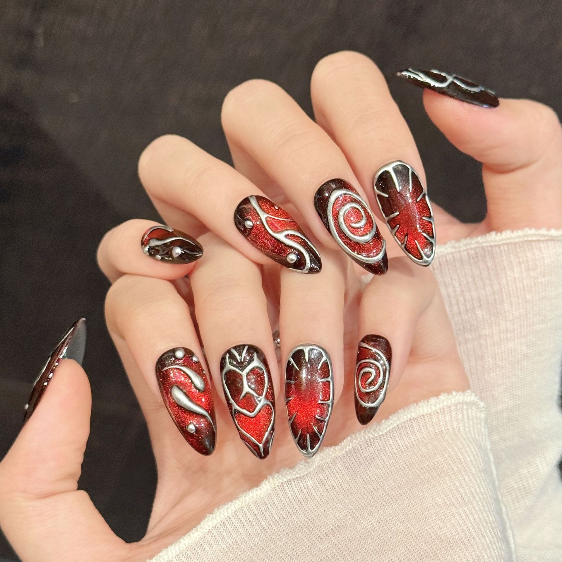 365nails: "Crimson Spell" – 3D Abstract Swirl Handmade Stiletto Nails