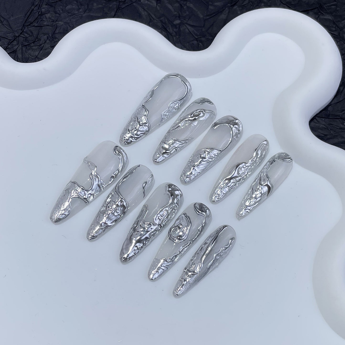 Irregular three-dimensional metal Spice Girl handmade press-on nails advanced cold-tone silver magic mirror powder finished nail patch｜365nails