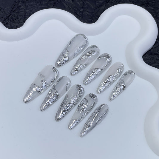 Irregular three-dimensional metal Spice Girl handmade press-on nails advanced cold-tone silver magic mirror powder finished nail patch｜365nails