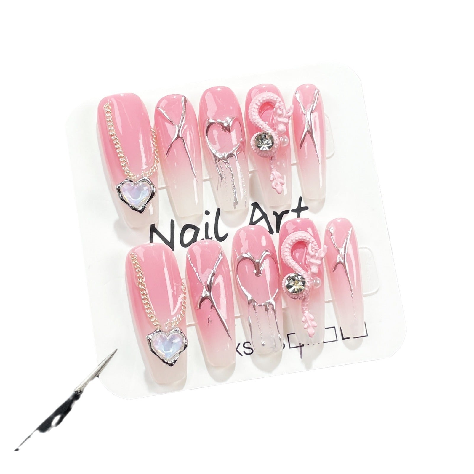 Sweet-Cool Pink Nails with Metallic Dragon and Crystal Heart