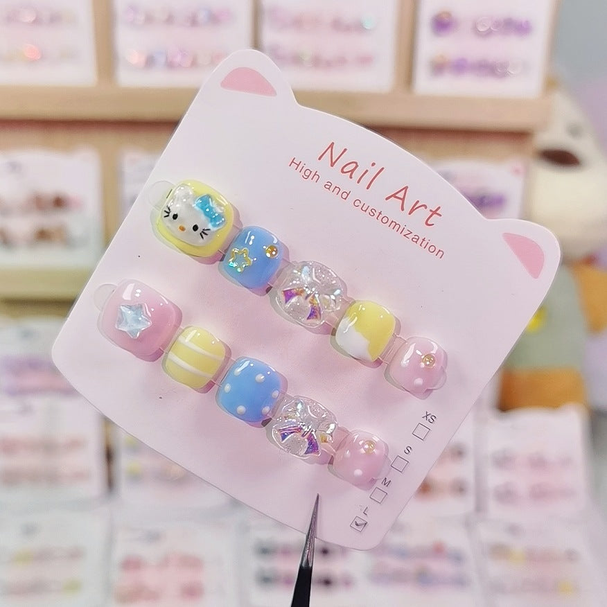 Cute Pastel Cartoon Kids Press On Nails with Crystal Accents