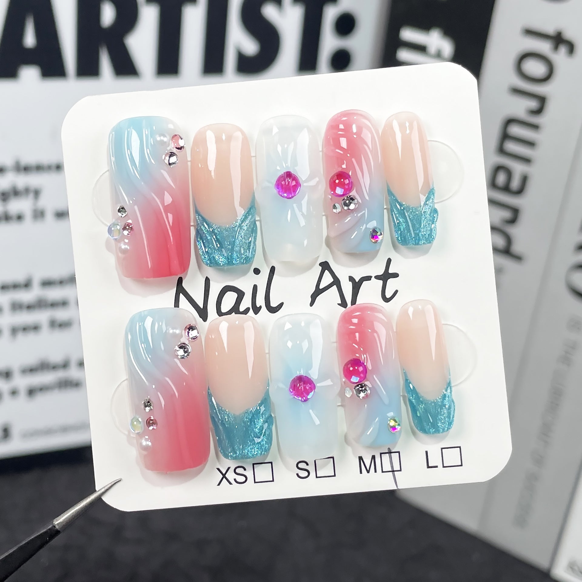 Pistola de pulverização para unhas postiças quadradas médias e longas, feitas à mão, com contraste de cor, mudança gradual, formato espremido à mão, sentido avançado, remendo para unhas longas ｜ 365nails