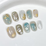 Manicure dourada com sal marinho é simples, fresca e elegante, curta e feita à mão, adesivo ｜365nails