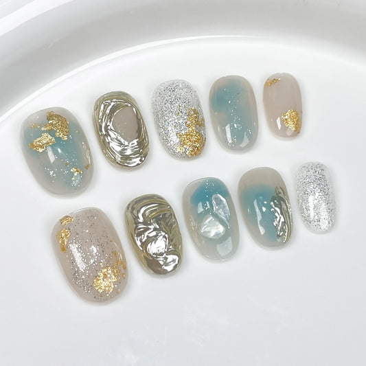 Sea salt gilt manicure is simple, fresh and elegant, short handmade ,  sticker｜365nails