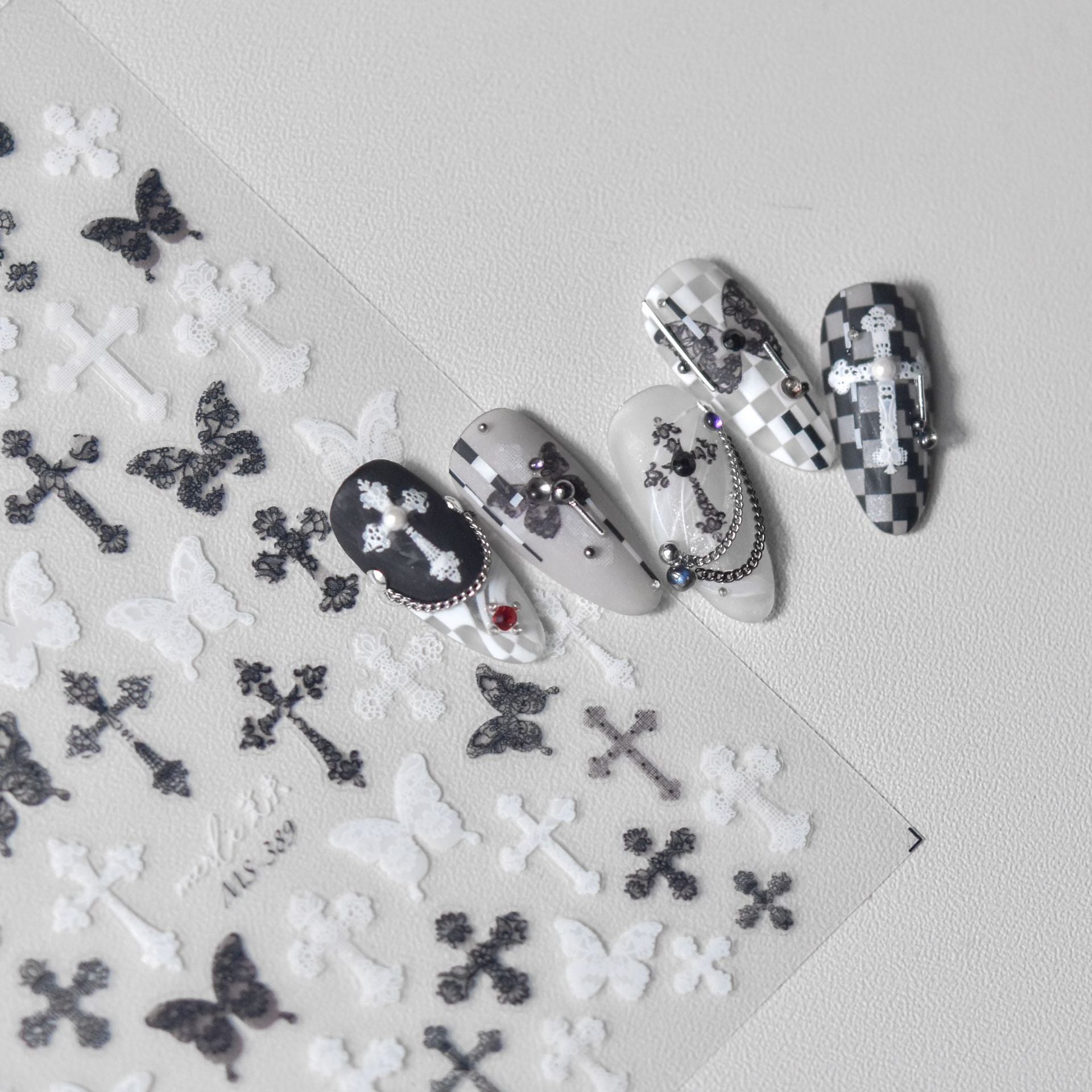 Gothic Cross Butterfly Collection: "Monochrome Gothic" – 3D Embossed Nail Sticker