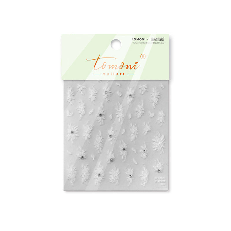 White Floral Crystal Nail Stickers – 5D Embossed Bridal Elegance Set