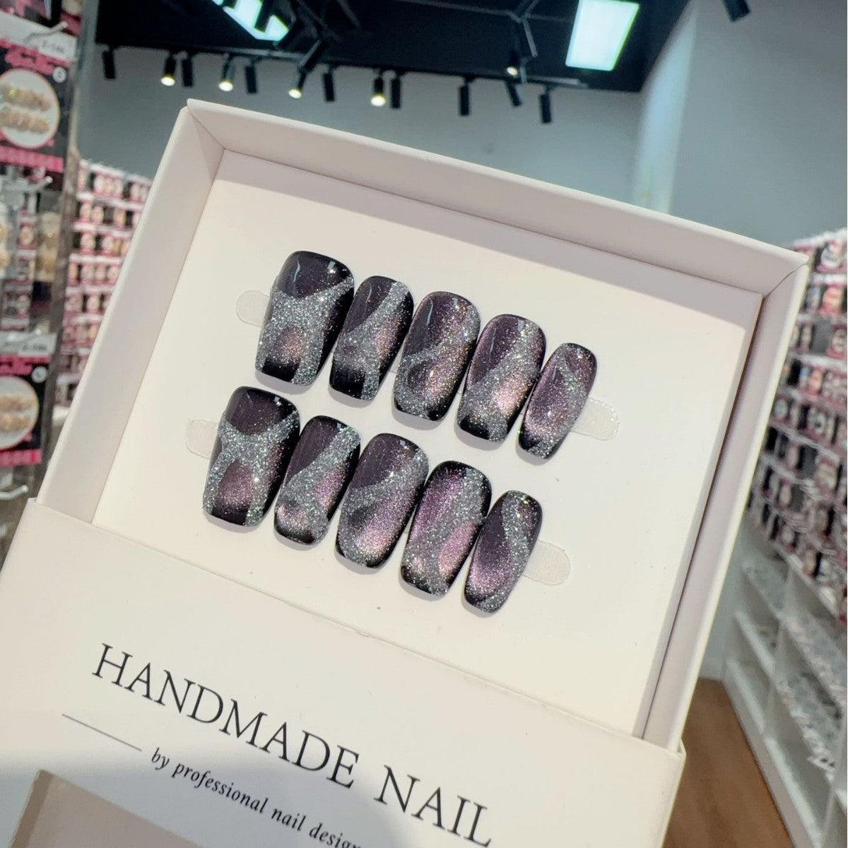 365nails: "Nebula Veil" – Hand-Painted Cat Eye & Glitter Handmade Square Nails