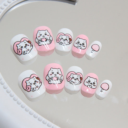 Pink and white girl children's nail cute dog graffiti manicure kids nails｜365nails