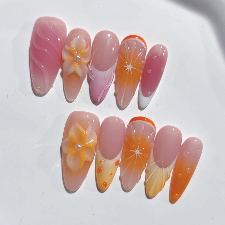365nails-Peach Citrus: "Fruity Floral" – Almond Shape Handmade 3D Carved Press-On Nails