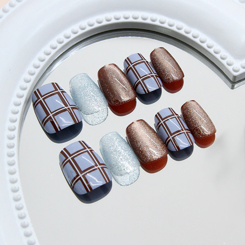 Nail Tips  prefabricated nail retro blue-brown contrasting color plaid fine flash cat eye removable nail patch 30 pieces｜365nails
