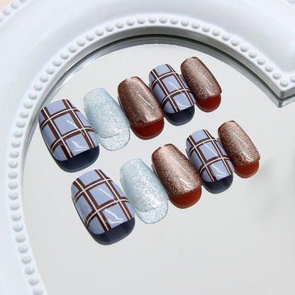 Nail Tips  prefabricated nail retro blue-brown contrasting color plaid fine flash cat eye removable nail patch 30 pieces｜365nails
