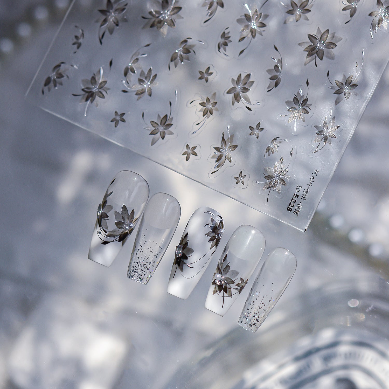 Silver Floral Collection: "Elegant Silver Orchid" – 3D Embossed Nail Sticker