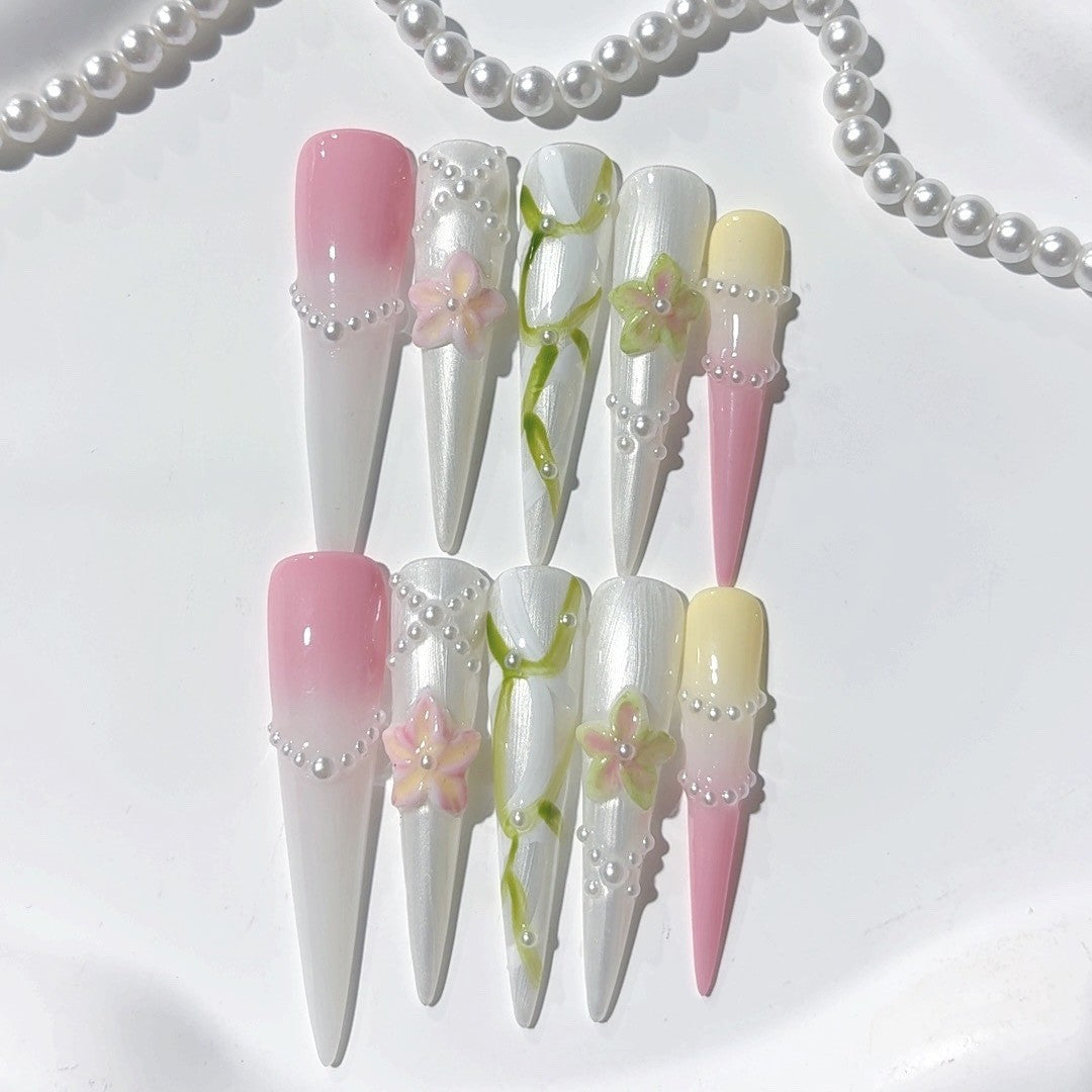 Soft Pearl Floral Extra Long Press On Nails
