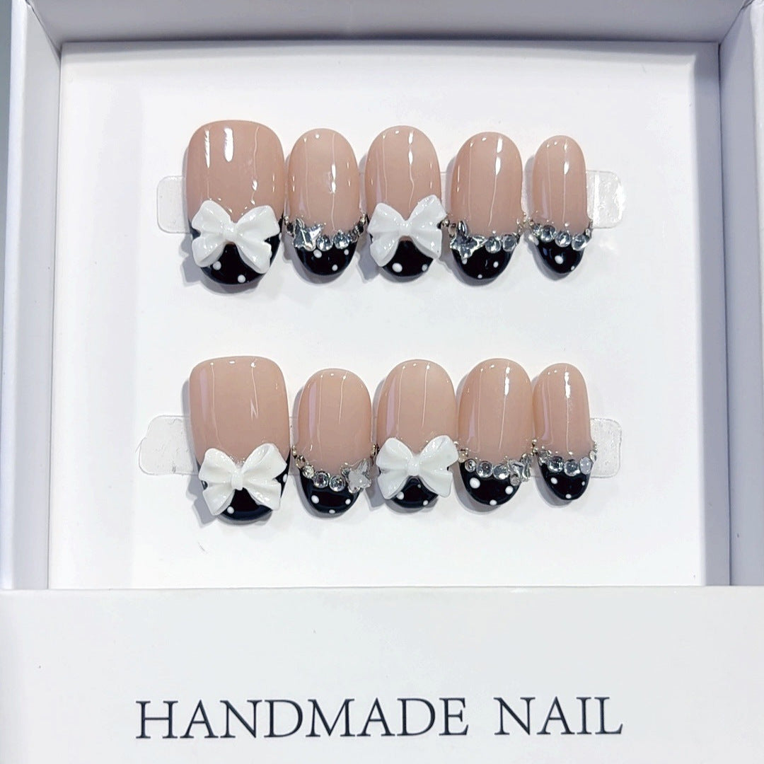 Bow & Pearl: "Black French Bow" – Square Shape Handmade Press-On Nails