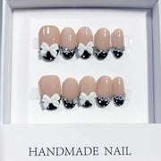 Bow & Pearl: "Black French Bow" – Square Shape Handmade Press-On Nails