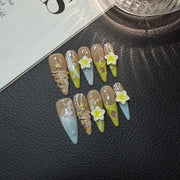 365nails : « Floraison tropicale » — ongles press-on fait main, forme stiletto, 3D floral et effet marbre
