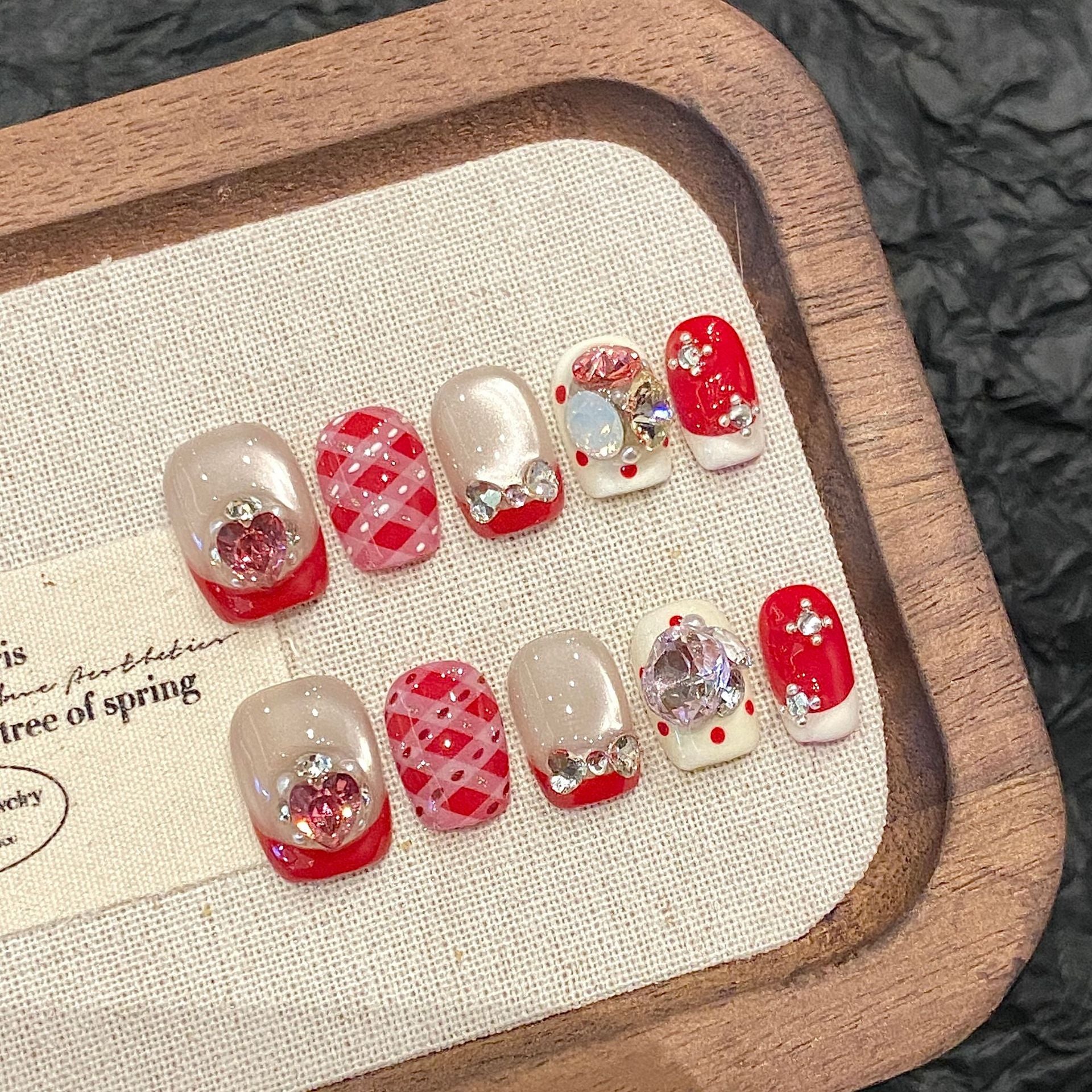 365nails: "Candy Plaid" – 3D Bow & Rhinestone Handmade Square Nails