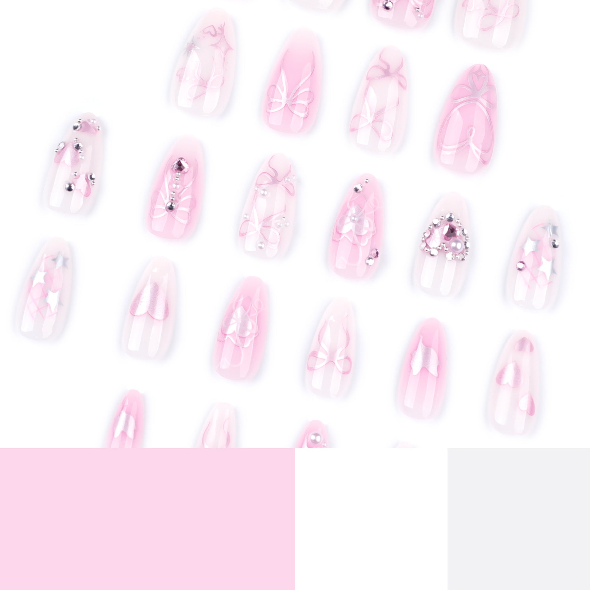 愛心蝴蝶結美甲 閃亮水鑽杏仁形成品穿戴甲 批發｜365nails