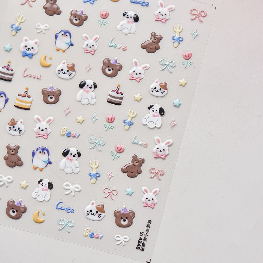 Kawaii Filhote e Fruta: "Piquenique Doce de Filhotes" – Adesivo de Unha Embossado 5D