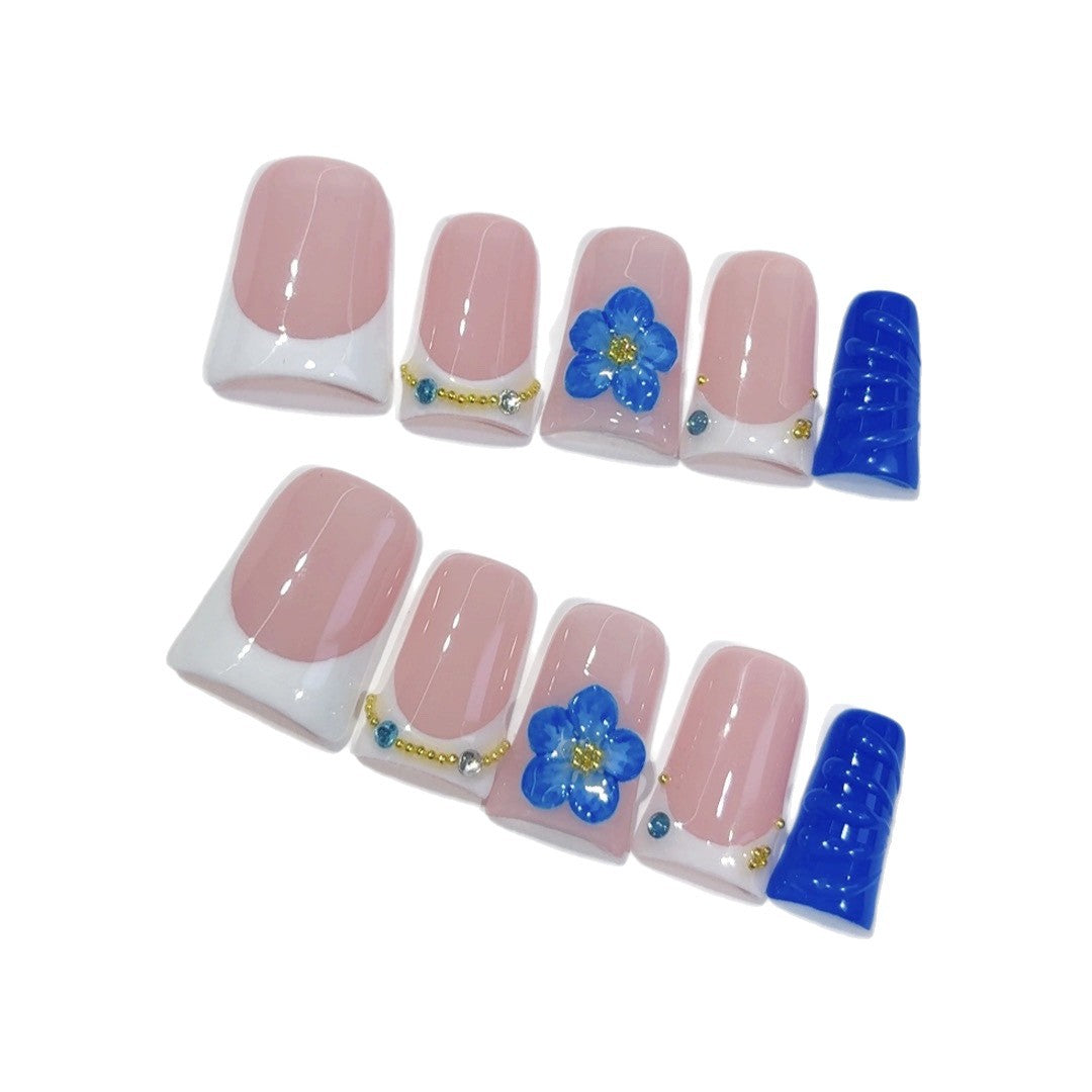 Coastal Bloom: "Cobalt Blue Flower" – Square Shape Handmade Press-On Nails