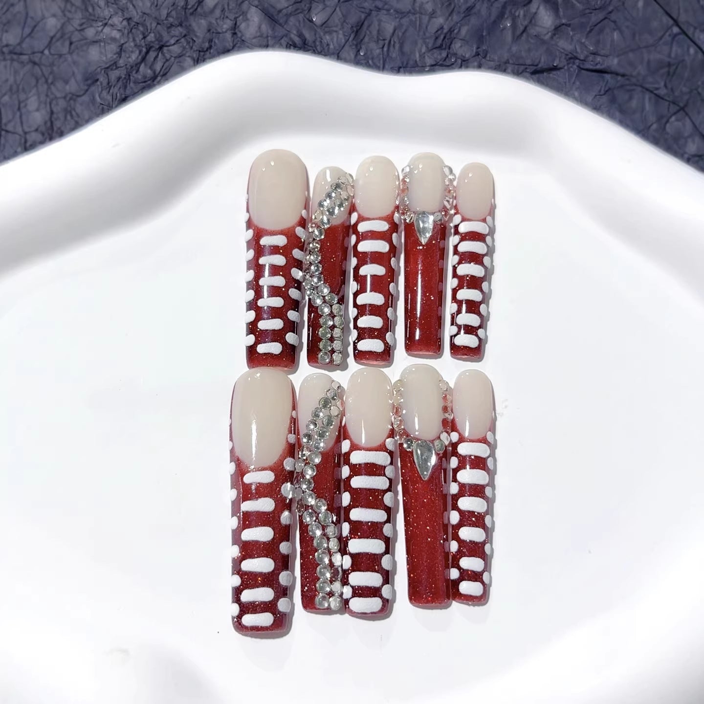 Red Linear Crystal Accent Modern Press On Nails