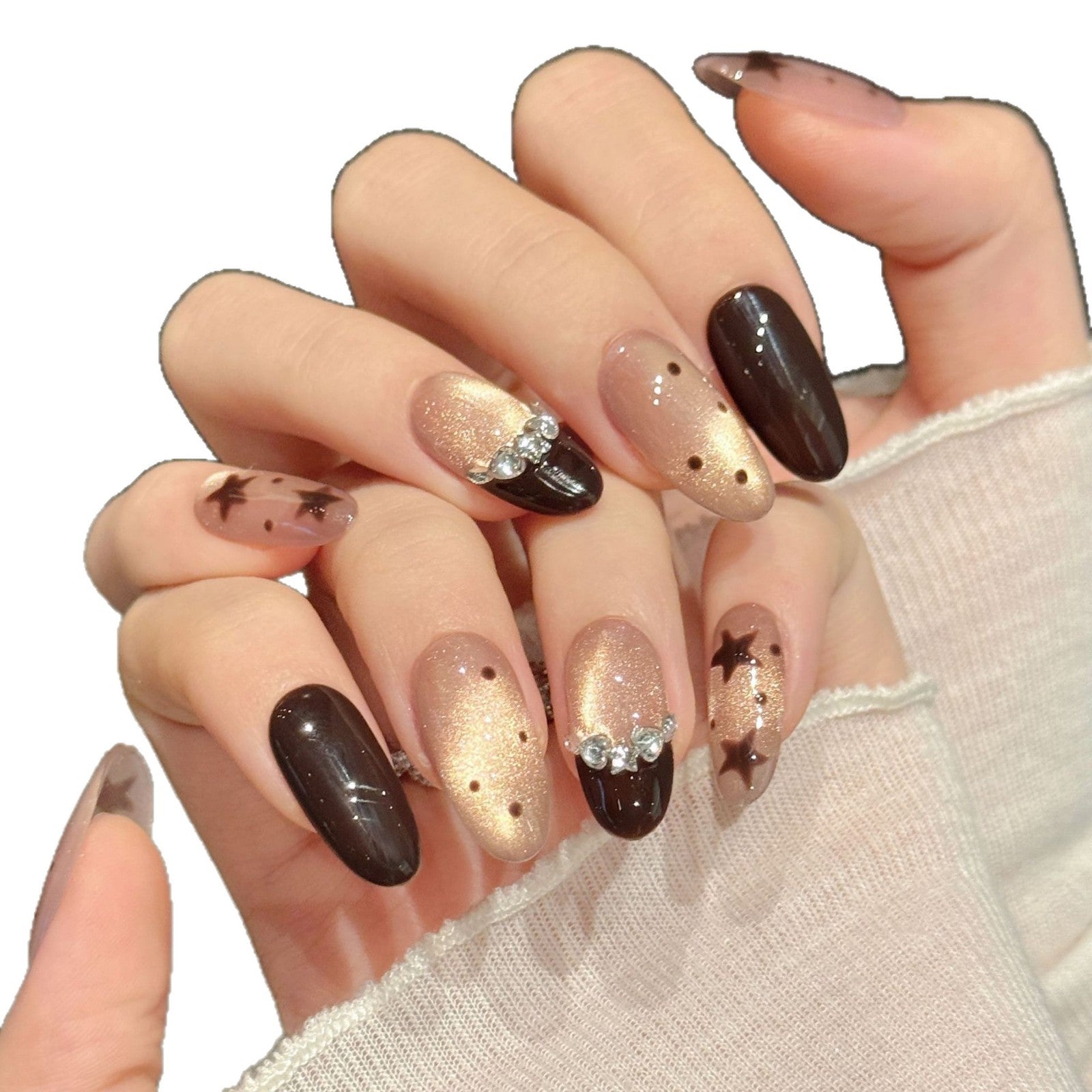 365nails: "Starry Night Glow" – Hand-Painted Stars & Glitter Handmade Almond Nails