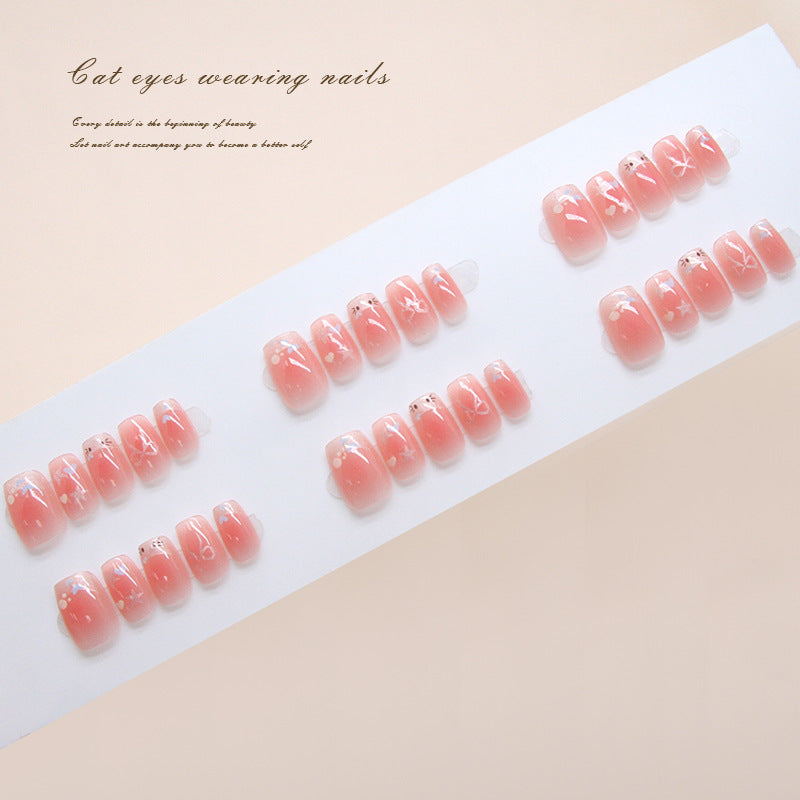 Pontas de unhas pré-fabricadas Linhas de unhas Cat Love Cat Eye Blush francês Laço Sweet Star Wear unhas 30 peças ｜ 365 unhas