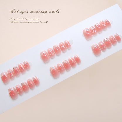 Pontas de unhas pré-fabricadas Linhas de unhas Cat Love Cat Eye Blush francês Laço Sweet Star Wear unhas 30 peças ｜ 365 unhas