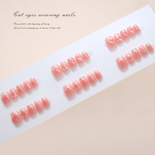 Pontas de unhas pré-fabricadas Linhas de unhas Cat Love Cat Eye Blush francês Laço Sweet Star Wear unhas 30 peças ｜ 365 unhas