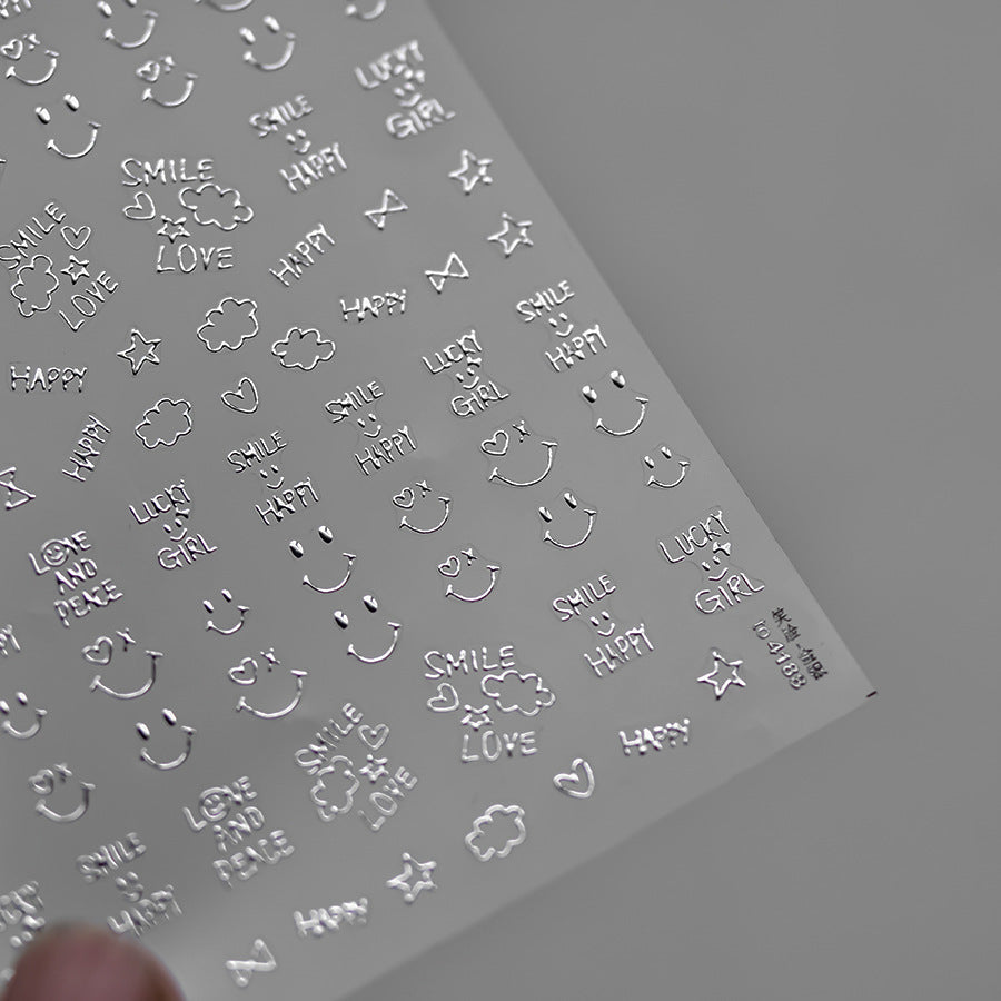Silver Happy Icon Nail Stickers – 5D Embossed Minimalist Cheer Set