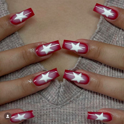 Red French  Hot Sale press on nails Patch White Star Pentagram Nail Patch Finished Product Wholesale｜365nails