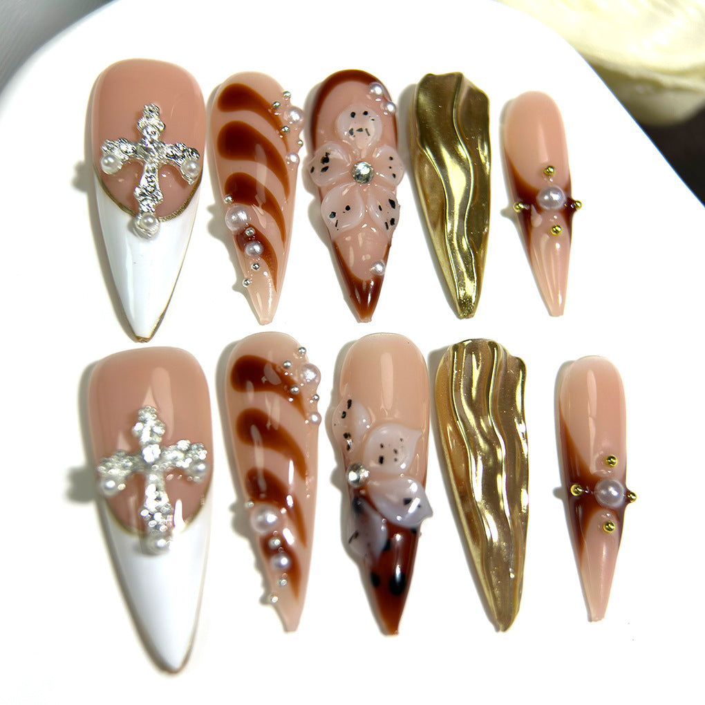 Gold Marble Cross Floral Stiletto Press On Nails