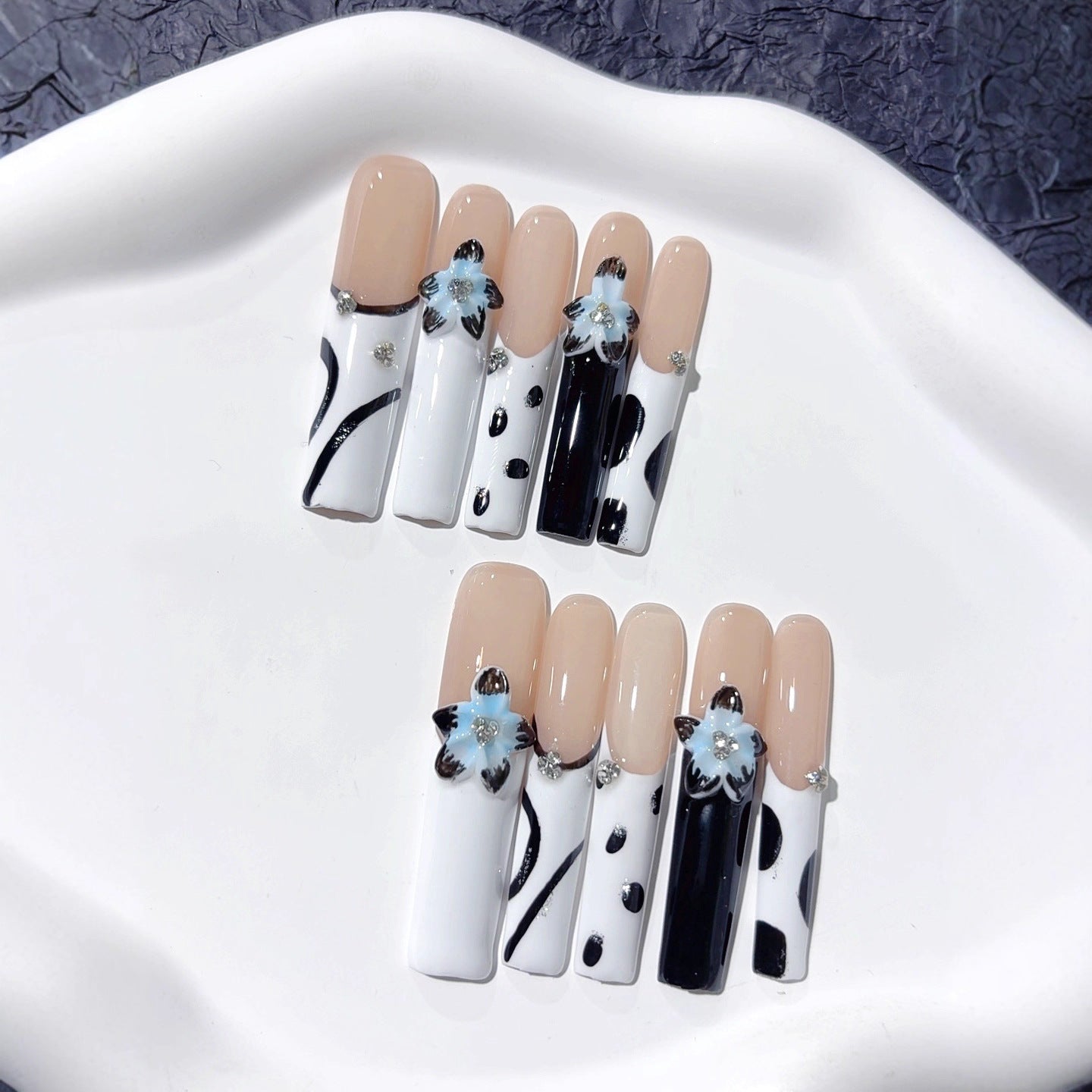 Black White Floral Extra Long Coffin Press On Nails
