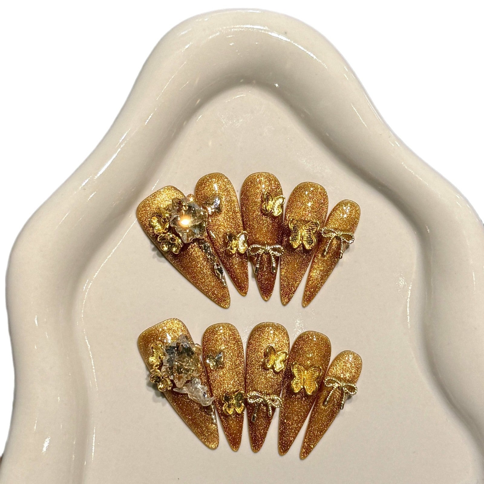 365nails: "Golden Dynasty" – 3D Floral & Gem Handmade Long Stiletto Nails