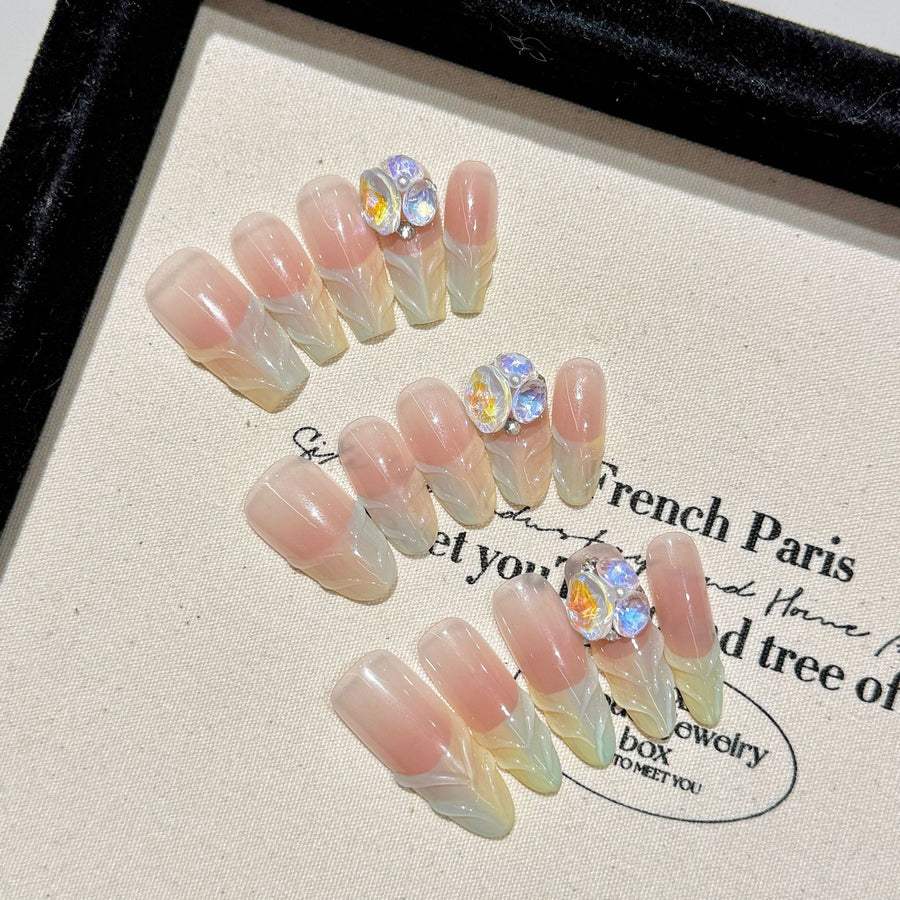 365nails: "Opal Bloom" – 3D Crystal & Iridescent French Tip Handmade Almond Nails