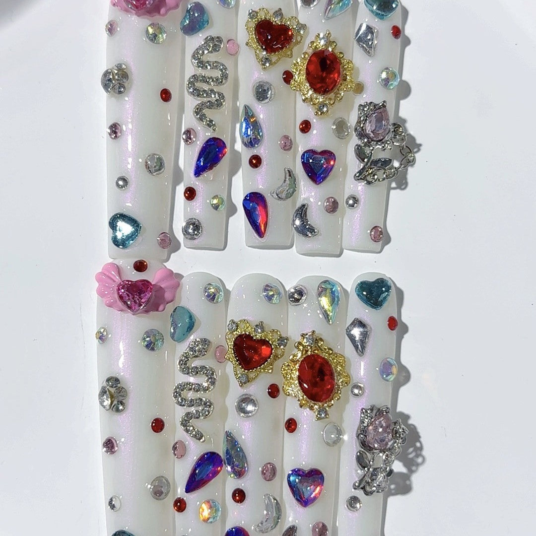 White Crystal Charm Press On Nails