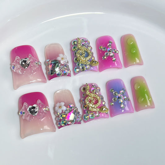 Handmade press on nails Sweet Cool Blush Nail Ice Transparent Bow Full Diamond Nail Art  Duckbill Shape Nail Wholesale｜365nails