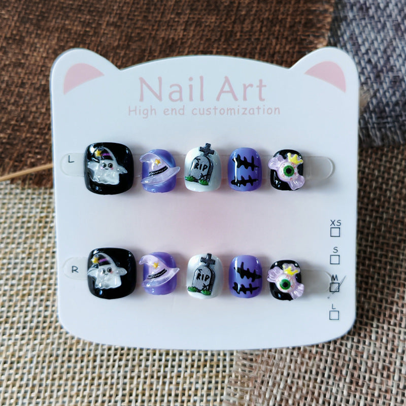 365nails-萬聖節驚奇兒童系列：「墓園幽靈魔法」 – 兒童短款方形穿戴甲