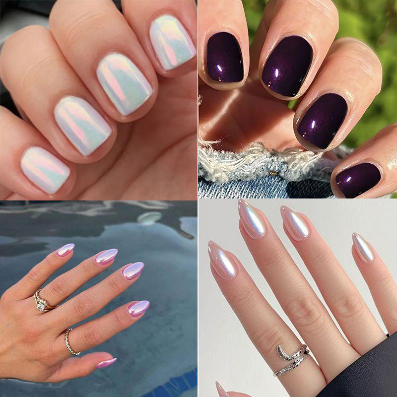 Ongles press-on nacrés irisés et effet chrome, fini brillant minimal
