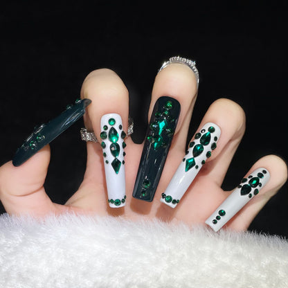 Pure handmade nails emerald long explosive flash diamond heavy industry diamond nail art source factory | 365nails
