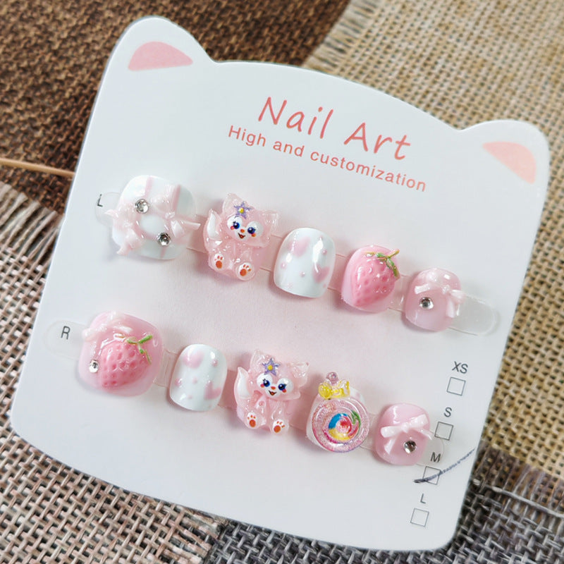 365nails: "pink berry linabell" – short round handmade kids press-on nails